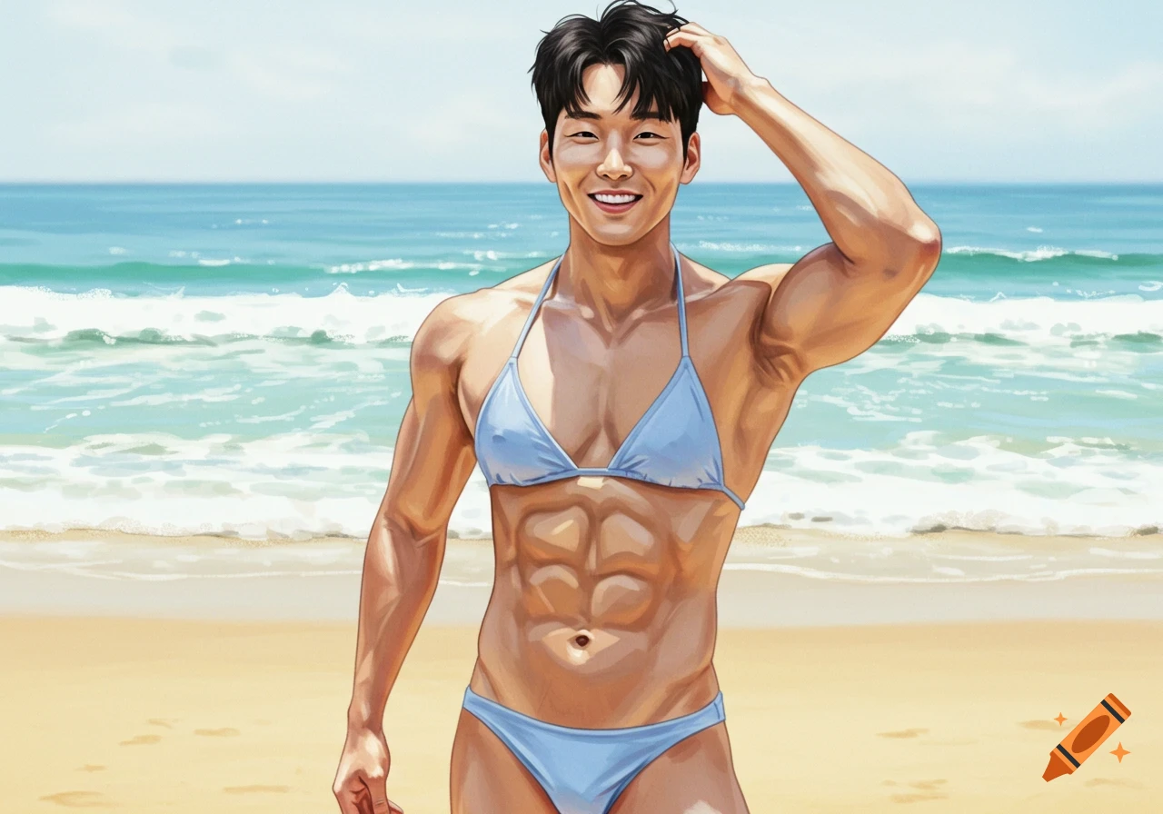 Digital illustration of a muscular Korean man in a periwinkle bikini smiling on a sunny beach.