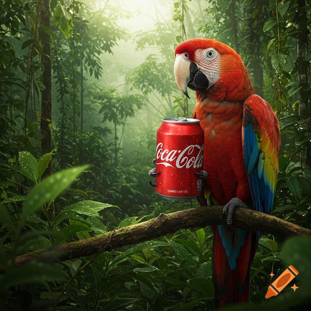 Photorealistic macaw perches on a branch in a sunlit Amazon jungle, holding a dew-kissed Coca-Cola can.
