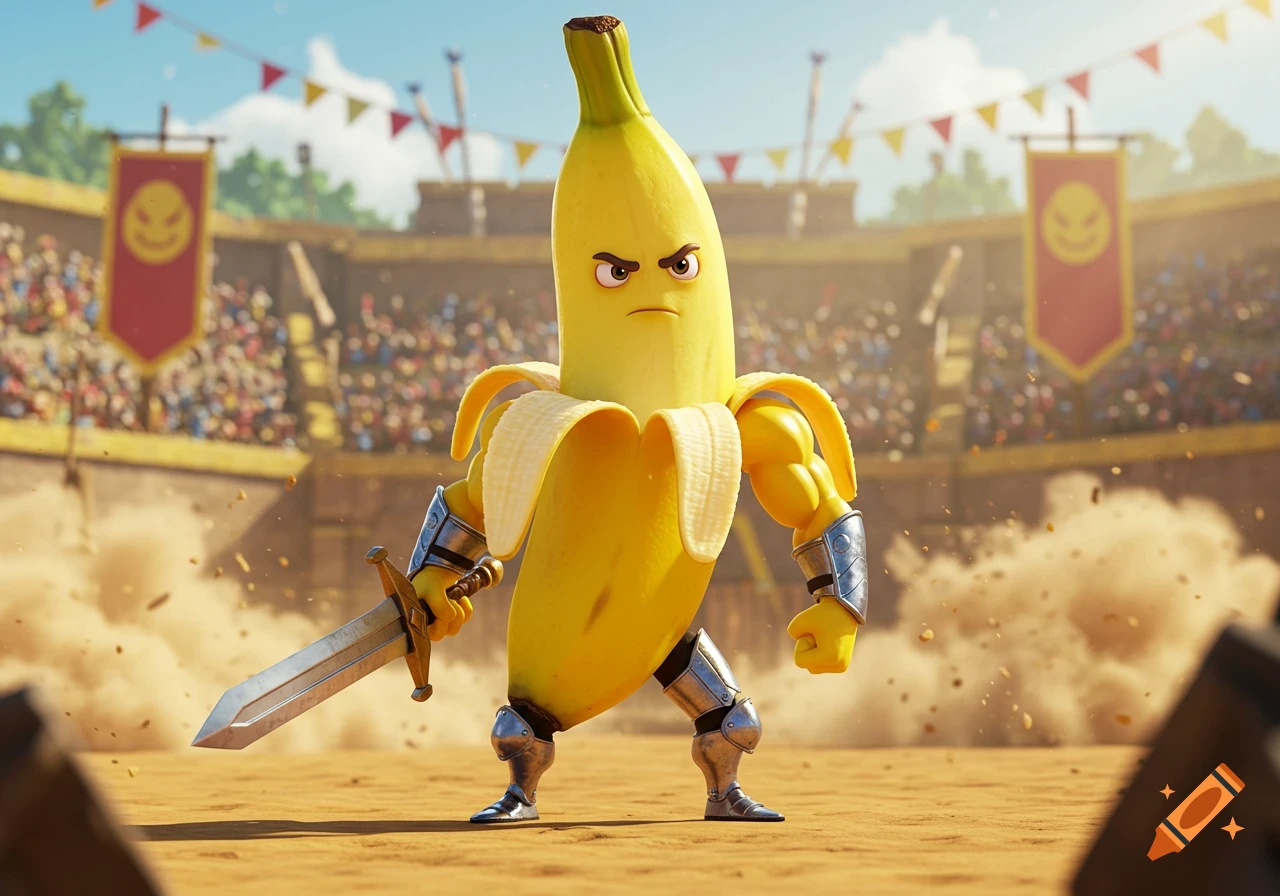 A muscular, anthropomorphic banana warrior in silver armor holds a sword in a sandy gladiator arena with cheering crowds.