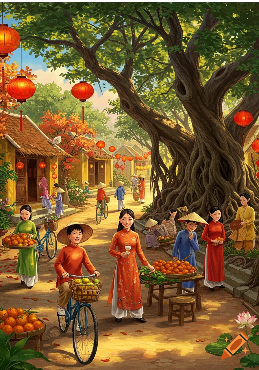 A vibrant, colorful illustration of a sunny Vietnamese market street with people in traditional clothing, red lanterns, and bountiful fruit stalls under a large tree.