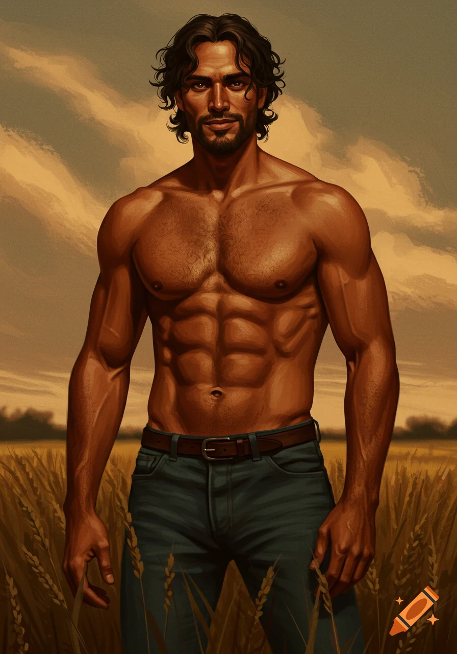 Stylized illustration of a muscular, shirtless man with dark hair standing in a golden wheat field.