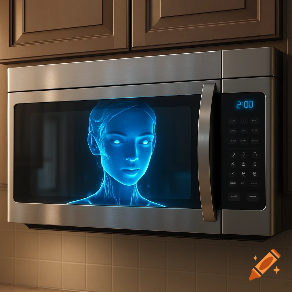 Photorealistic microwave with a glowing blue AI character displayed on its screen.