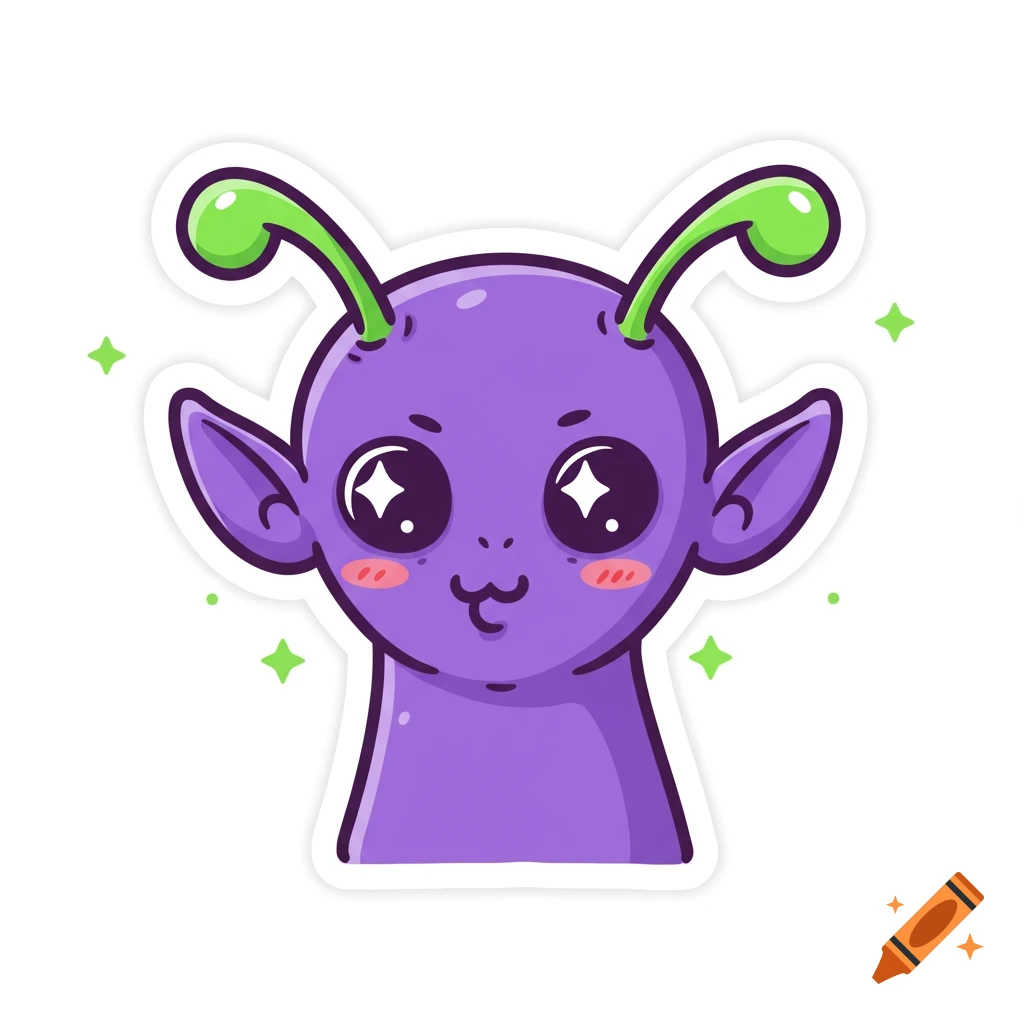 A cute, purple alien character with large sparkling eyes, green antennae, and rosy cheeks, in a cartoon sticker style with a white border.