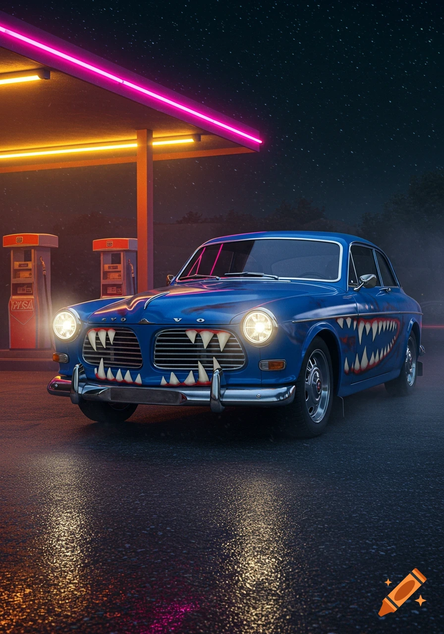 A blue classic Volvo Amazon car with a shark teeth paint job, parked at a neon-lit gas station at night on a wet road.