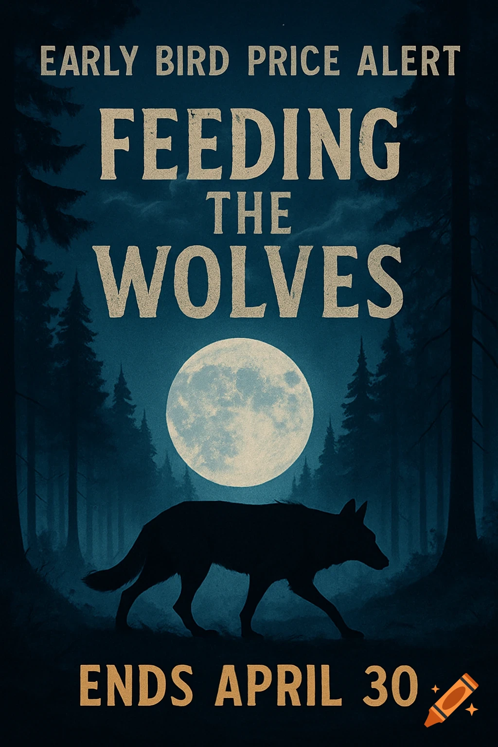 A dark blue poster depicts a black wolf silhouette walking under a large full moon in a forest of tall pine trees. Text reads: "Early Bird Price Alert, Feeding The Wolves, Ends April 30"