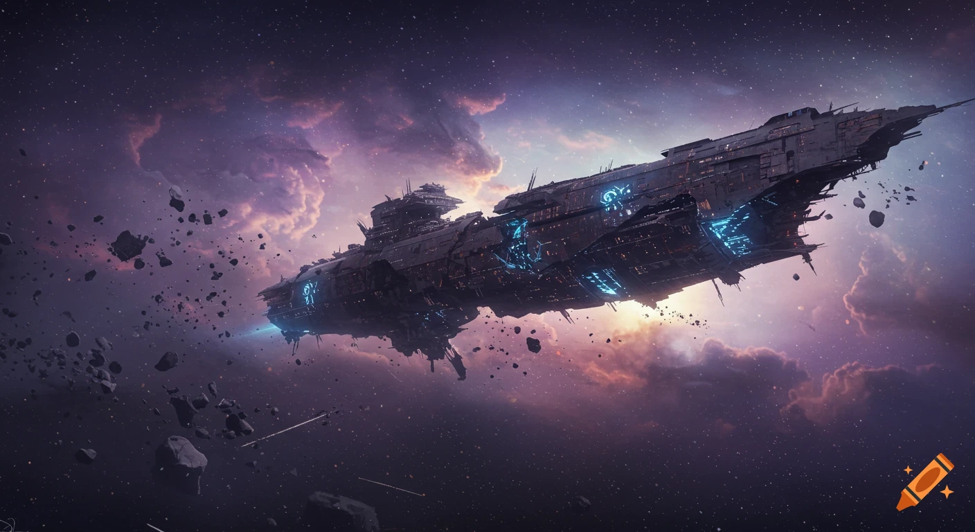 A massive, detailed alien warship with glowing blue lights drifts through a cloud-filled, star-strewn purple nebula, surrounded by asteroids.