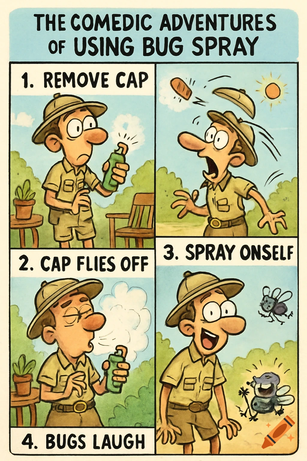 A four-panel cartoon shows a man comically spraying himself with bug spray, much to the amusement of the laughing insects.