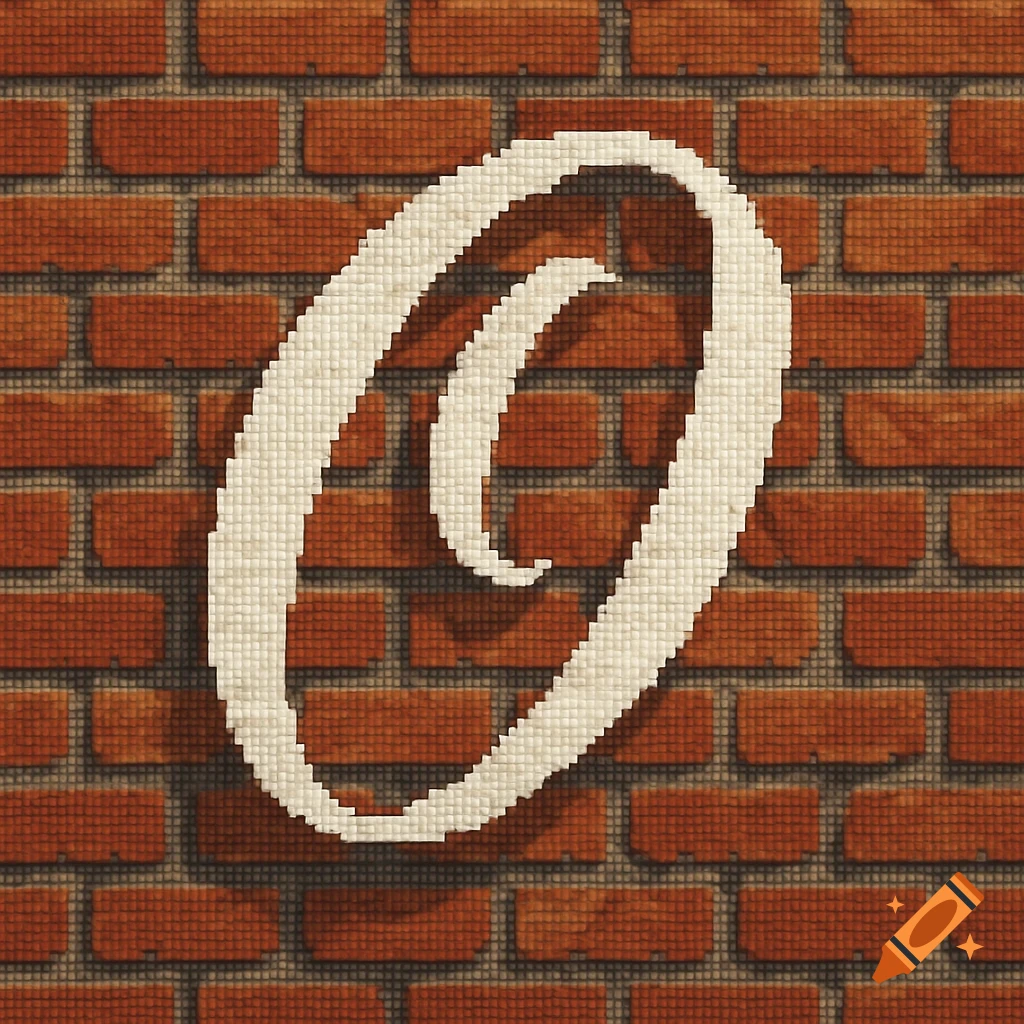 Pixel art cursive capital letter O in white, against a red brick wall background.
