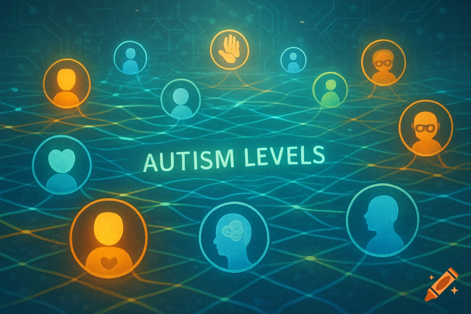 Digital illustration with various human-like icons connected by lines, featuring 'AUTISM LEVELS' text.