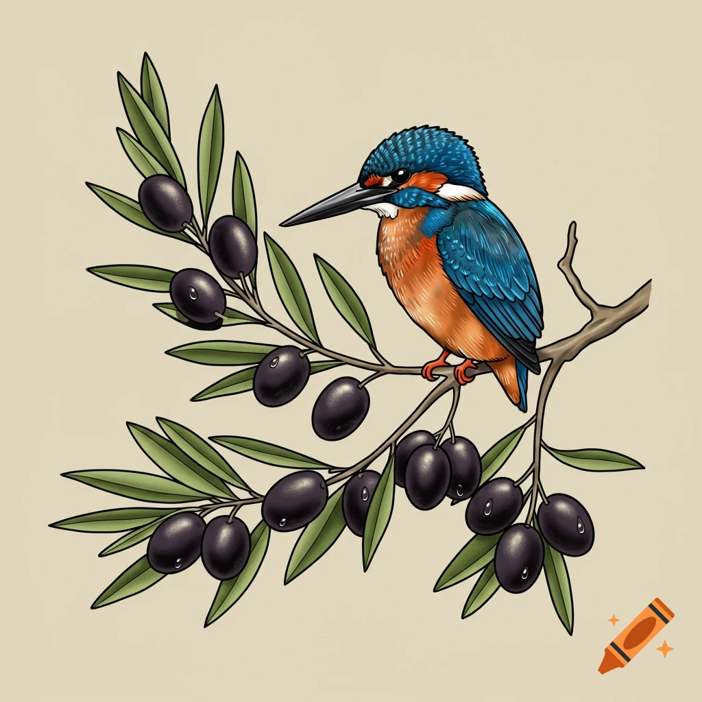 Colorful kingfisher perched on a branch of an olive tree with black olives, in a clean illustration style.