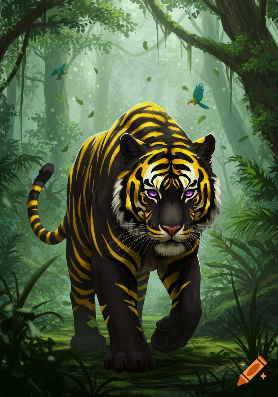 A majestic black tiger with striking yellow stripes and purple eyes walks through a lush, vibrant green jungle.