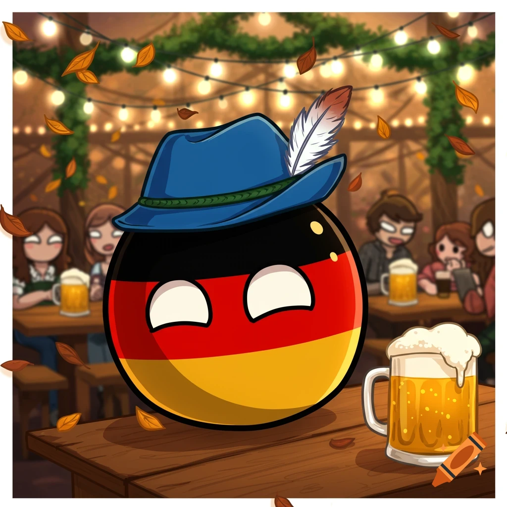 A cartoon Germany countryball in a blue hat with a feather, beside a beer mug at an Oktoberfest-style celebration.