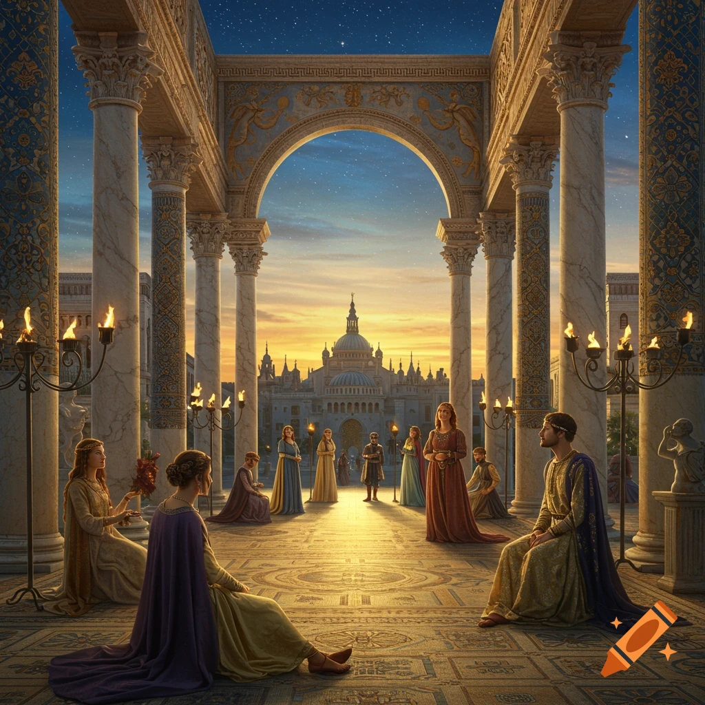 A group of people in robes gather in a grand Romanesque hall with columns and arches, overlooking a distant city at sunset.