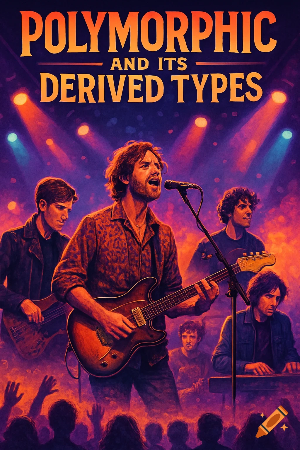 A painted illustration of an indie rock band playing on stage under orange and blue spotlights, with the text "Polymorphic and Its Derived Types" above them.