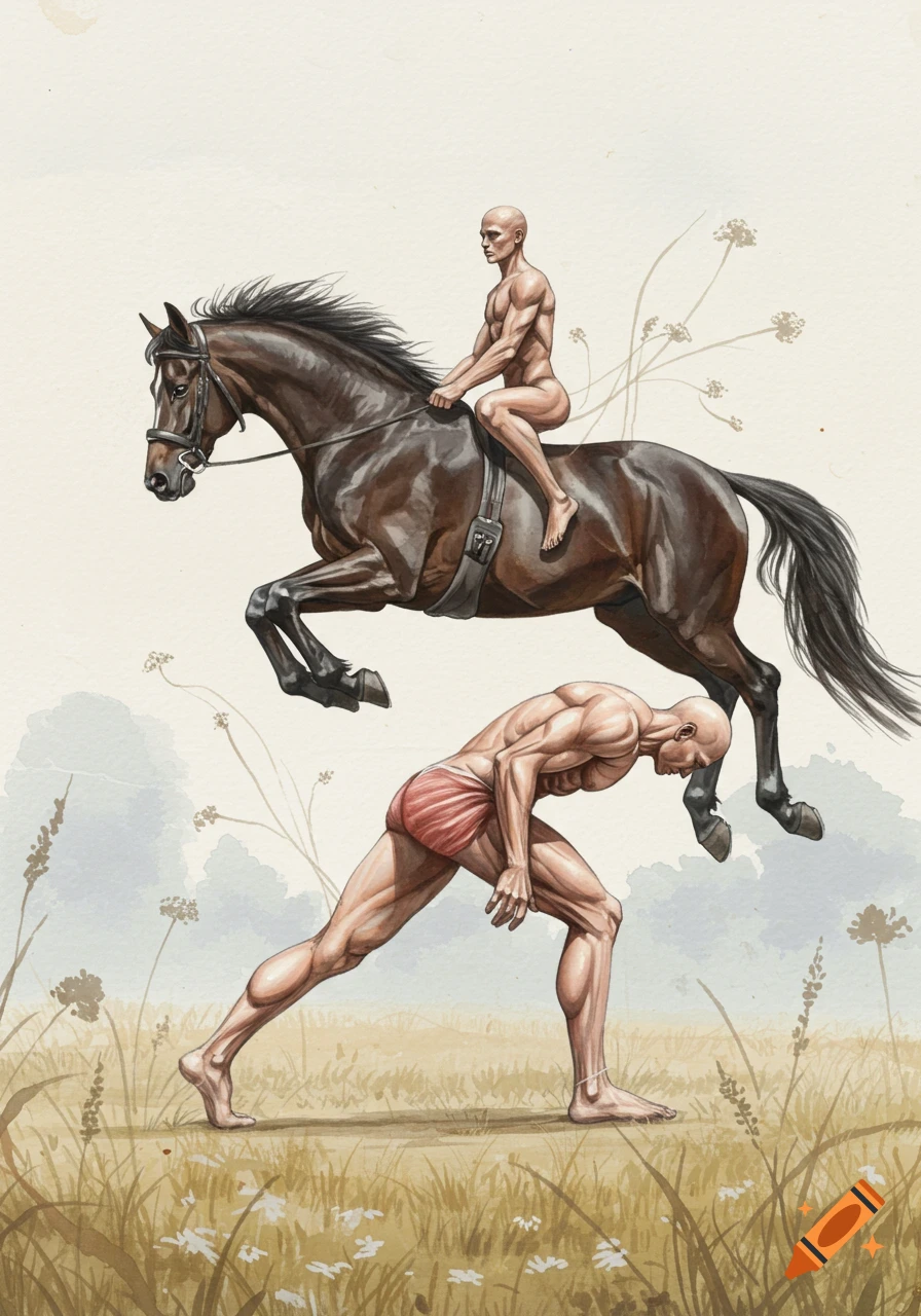 A watercolor painting of a dark horse with a nude man on its back jumping over a crouching muscular man in a grassy field.