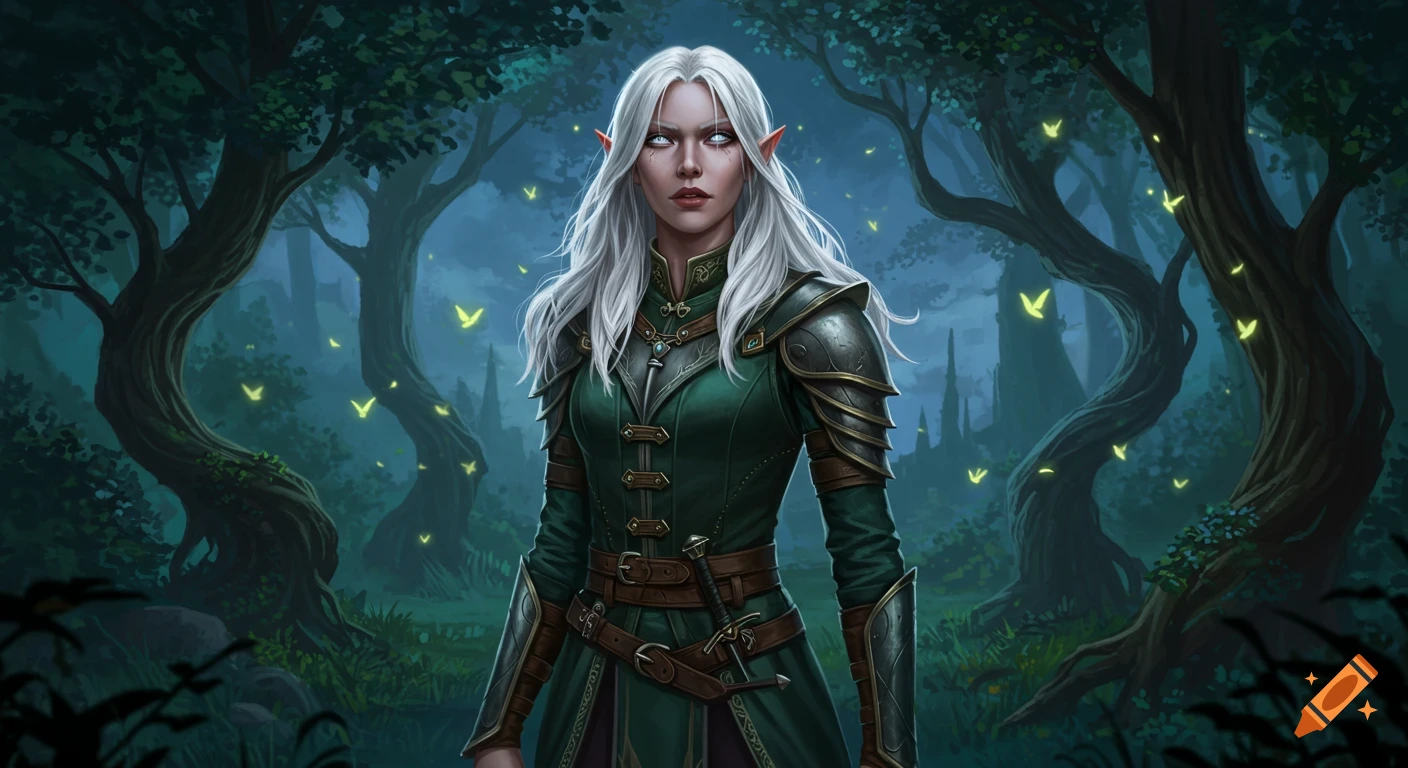 A white-haired female elf in green and armored attire stands in a mystical forest with glowing butterflies.