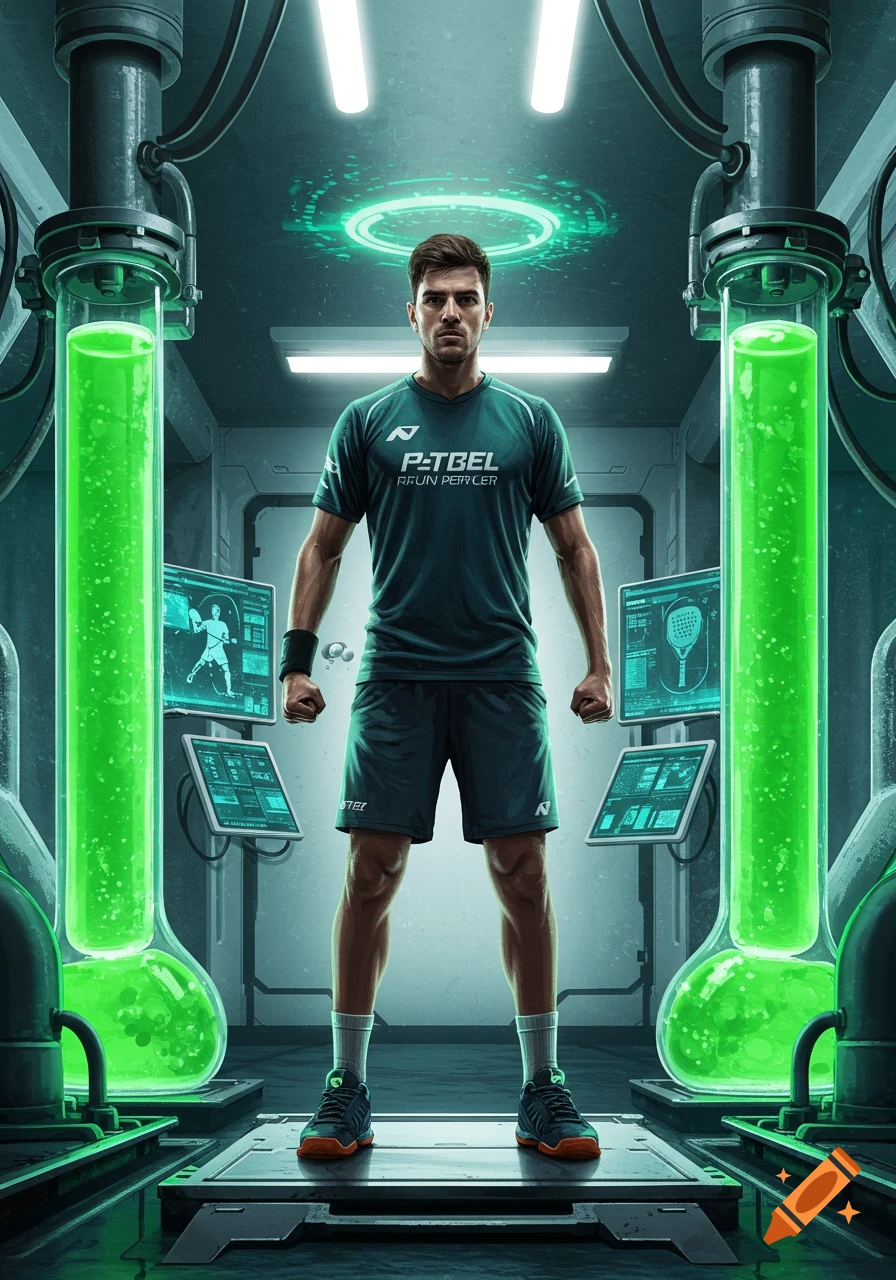 Muscular male padel player in a green uniform stands confidently in a futuristic lab with glowing green liquid in large tubes.