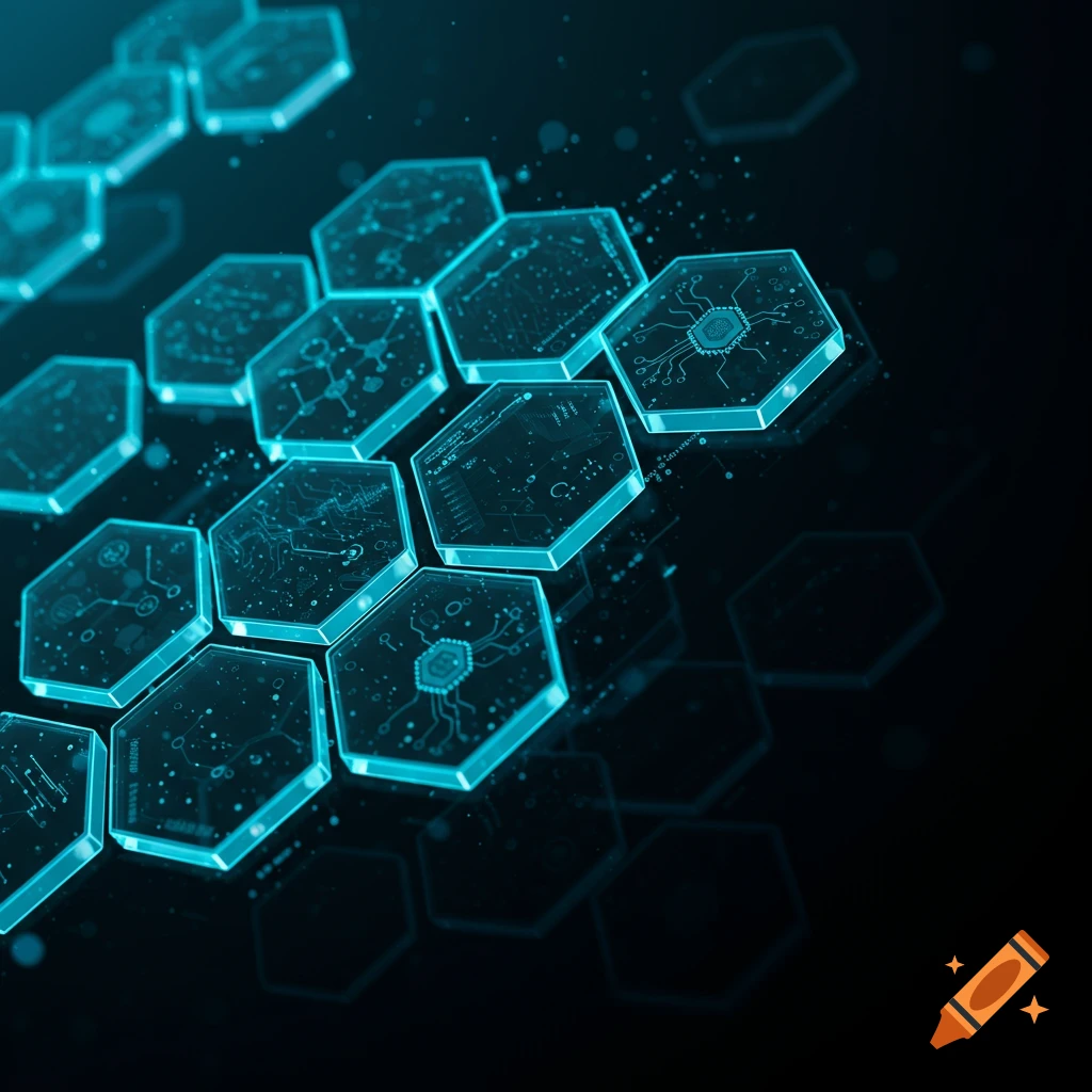 Abstract image of glowing teal hexagonal tiles with intricate circuit designs on a dark background.