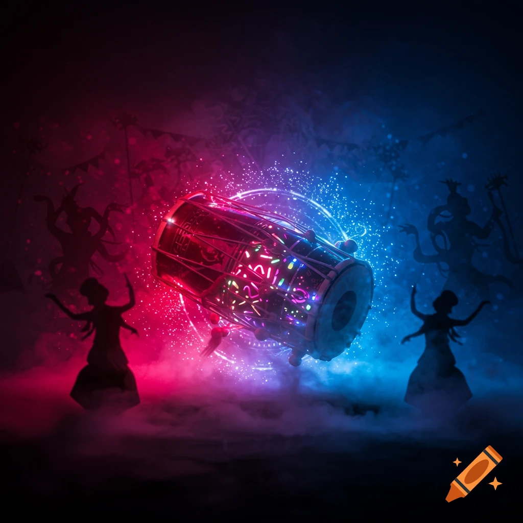A glowing, ornate drum is illuminated by neon pink and blue lights, surrounded by mist and silhouetted dancers in a mystical setting.