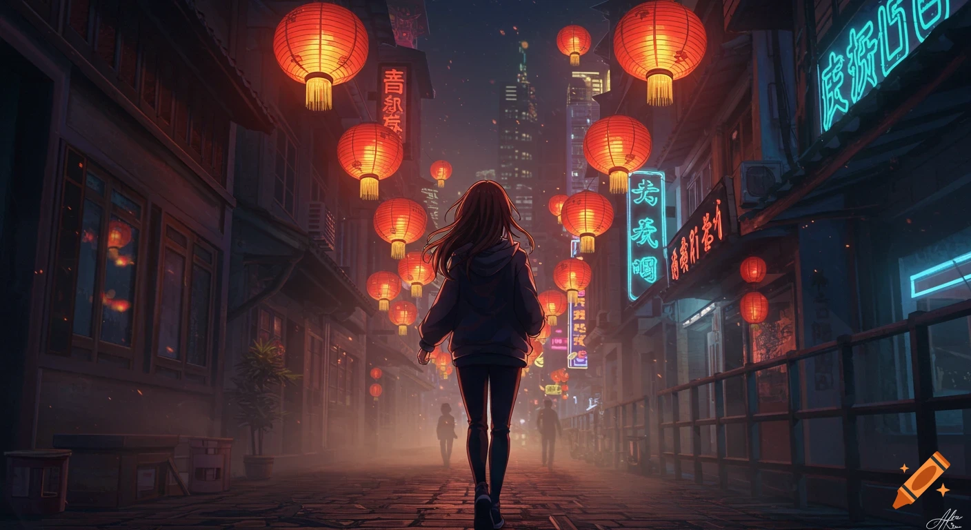 Anime girl with chestnut hair walks down a misty Shanghai street at night, lit by red lanterns and neon signs.
