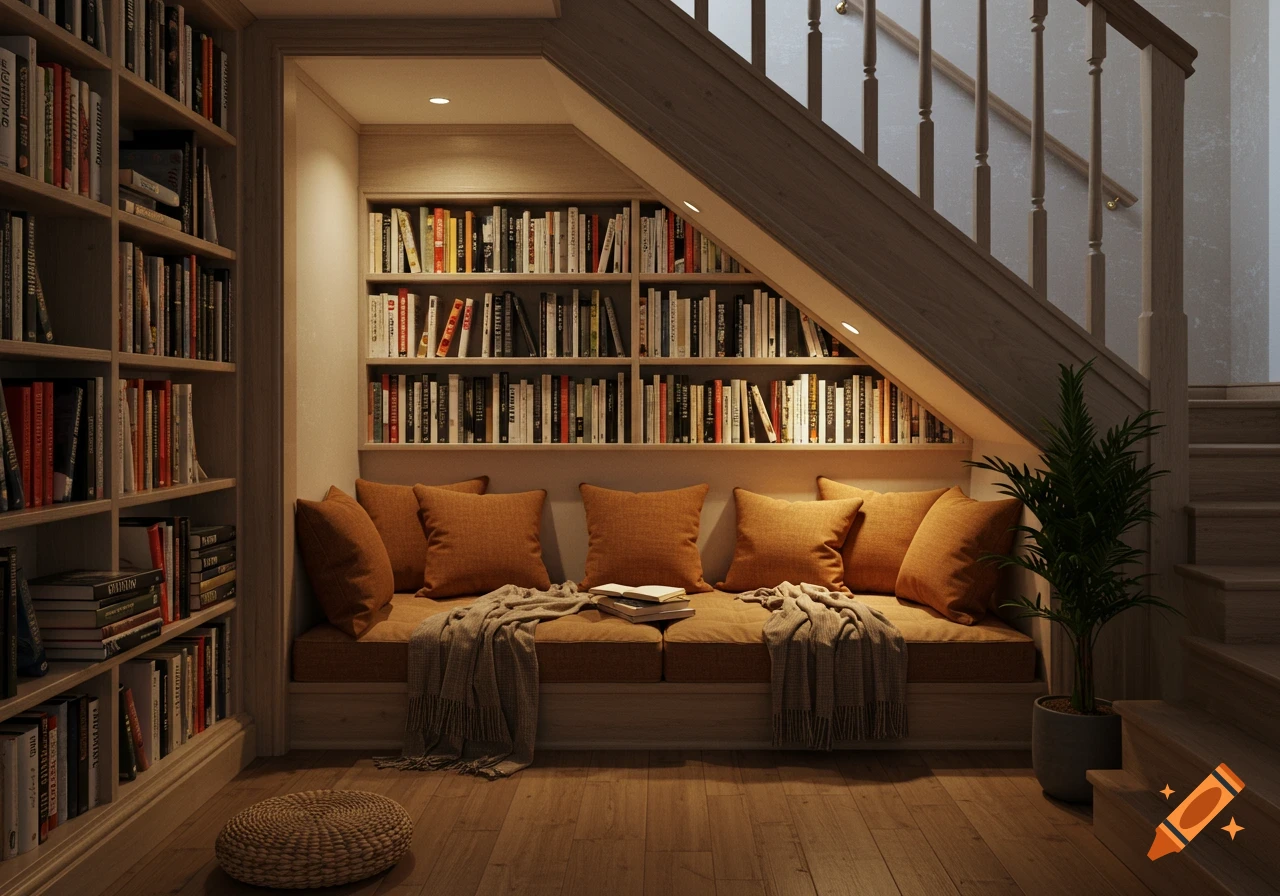 A cozy reading nook under a wooden staircase, featuring built-in bookshelves, orange cushions, blankets, and a plant on a hardwood floor.