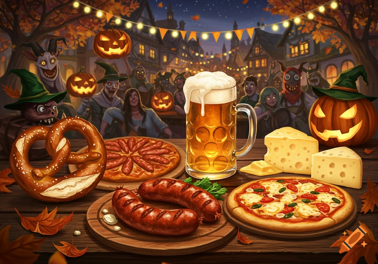 Festive Halloween Oktoberfest illustration with a table of food including pretzel, pizza, sausages, cheese, and beer, set in a village at night with costumed characters and jack-o'-lanterns.