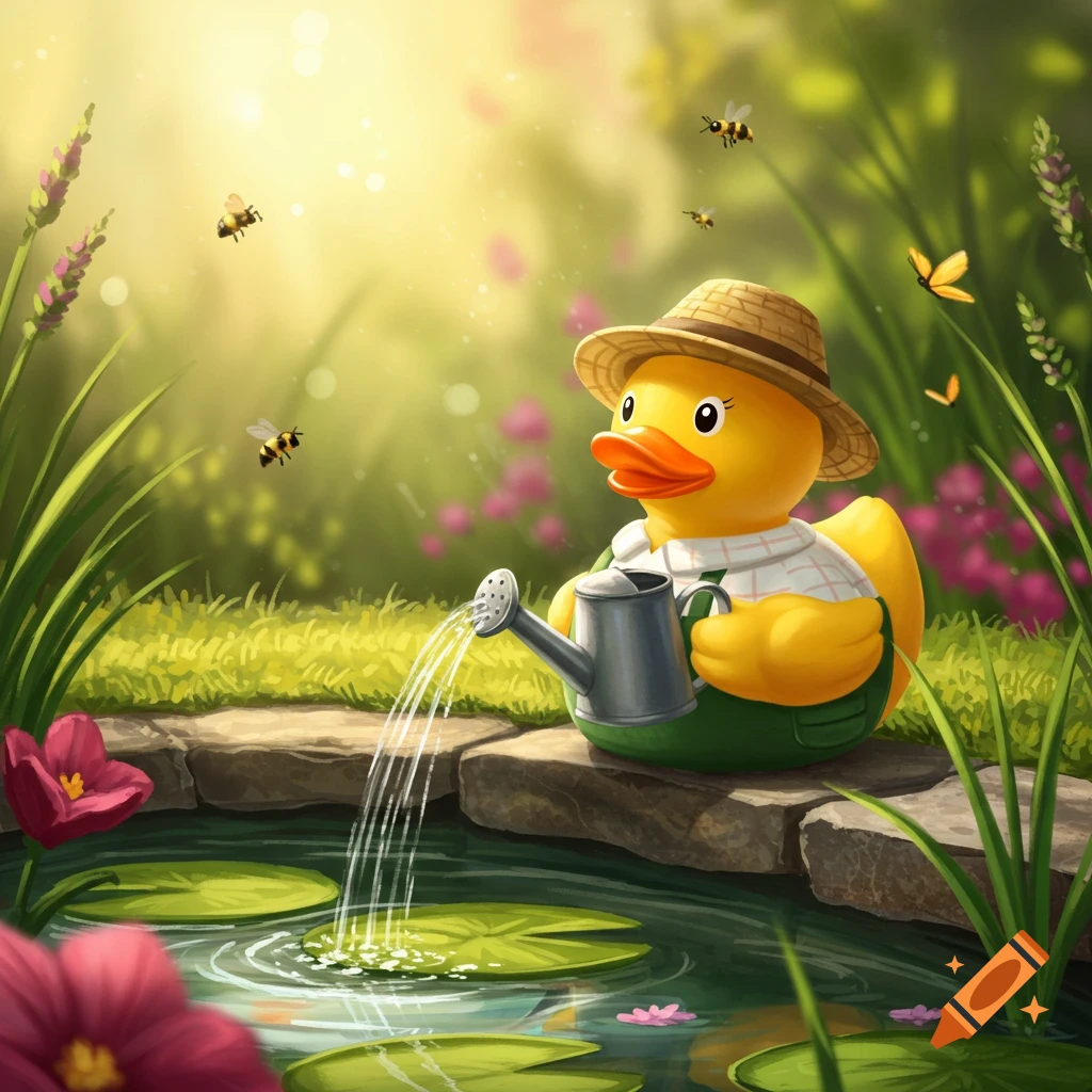 A cartoon rubber duck in a straw hat and overalls waters a lily pond in a sunny garden with bees and butterflies.