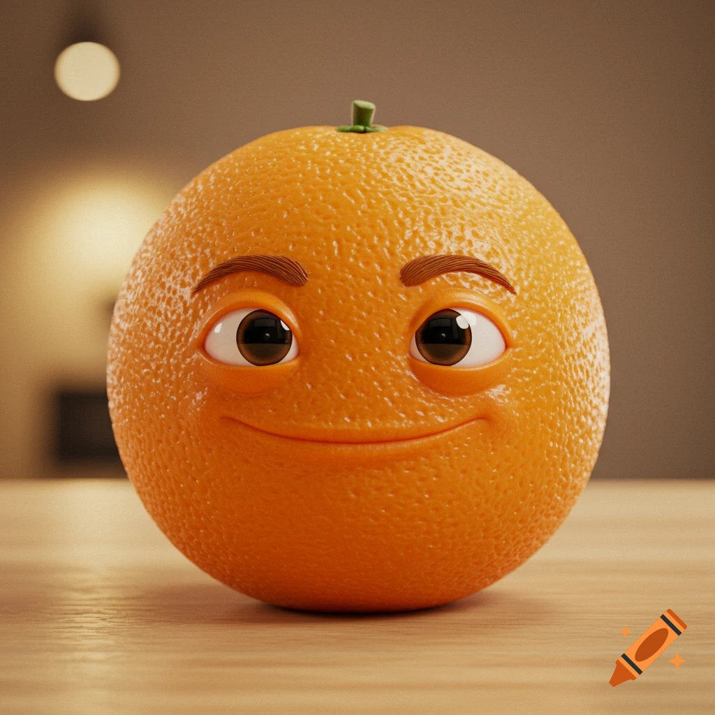 A photorealistic 3D rendering of an orange with eyes, eyebrows, and a smiling mouth, sitting on a wooden surface.