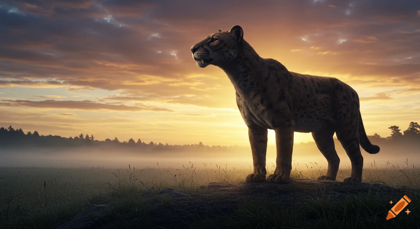 A photorealistic Smilodon stands silhouetted on a hilltop at a misty sunrise, gazing into the distance under a colorful sky.