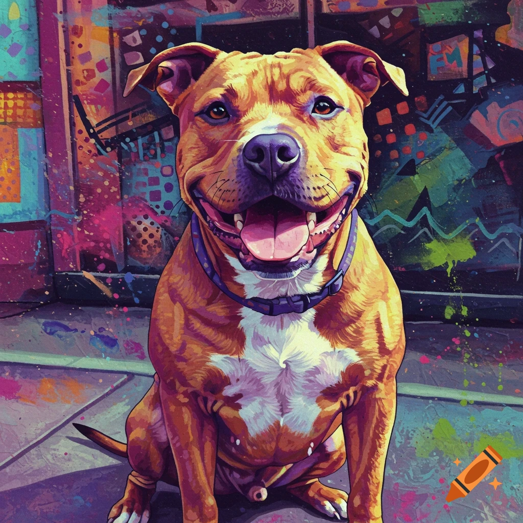Happy tan and white pit bull dog sitting in front of a vibrant, colorful pop art graffiti background.