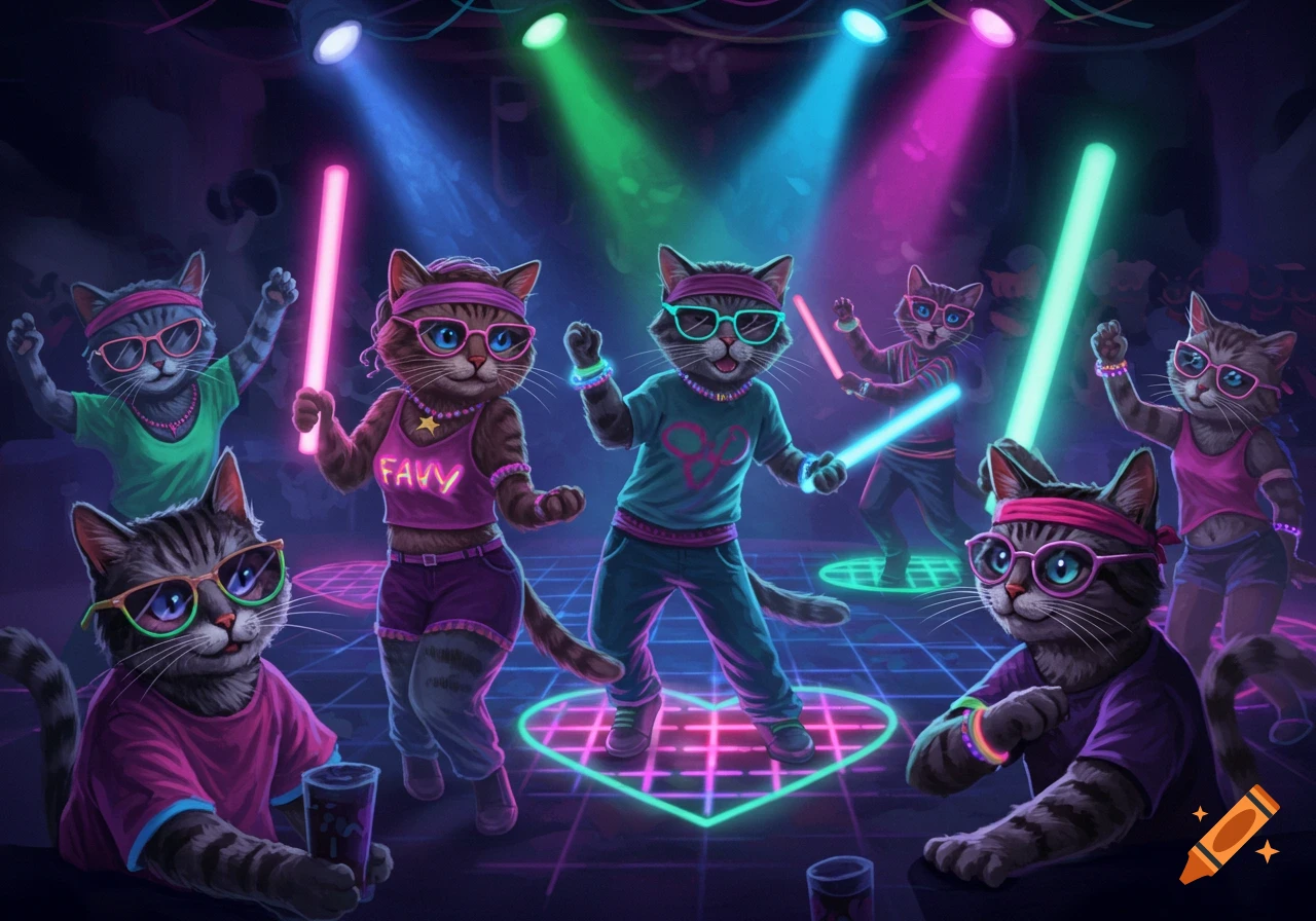 Cartoon cats in 90s rave outfits and sunglasses dance in a neon-lit nightclub with glow sticks.