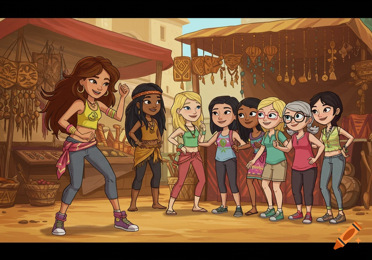 Cartoon illustration of a diverse group of girls happily dancing in a vibrant market with craft stalls.