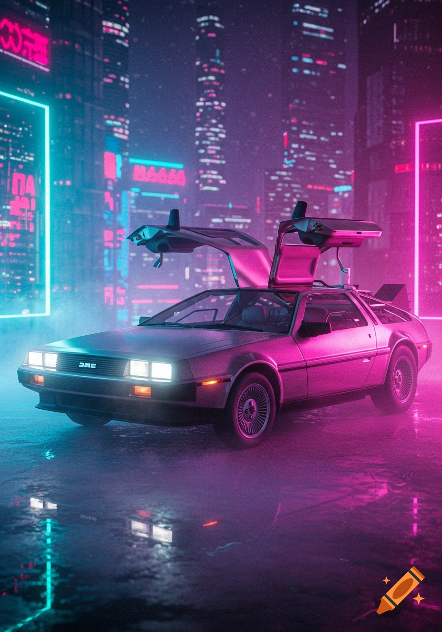 A DeLorean car with gull-wing doors open, parked on a wet street at night, illuminated by vibrant pink and blue neon lights from surrounding cyberpunk city skyscrapers. The scene has a synthwave aesthetic.