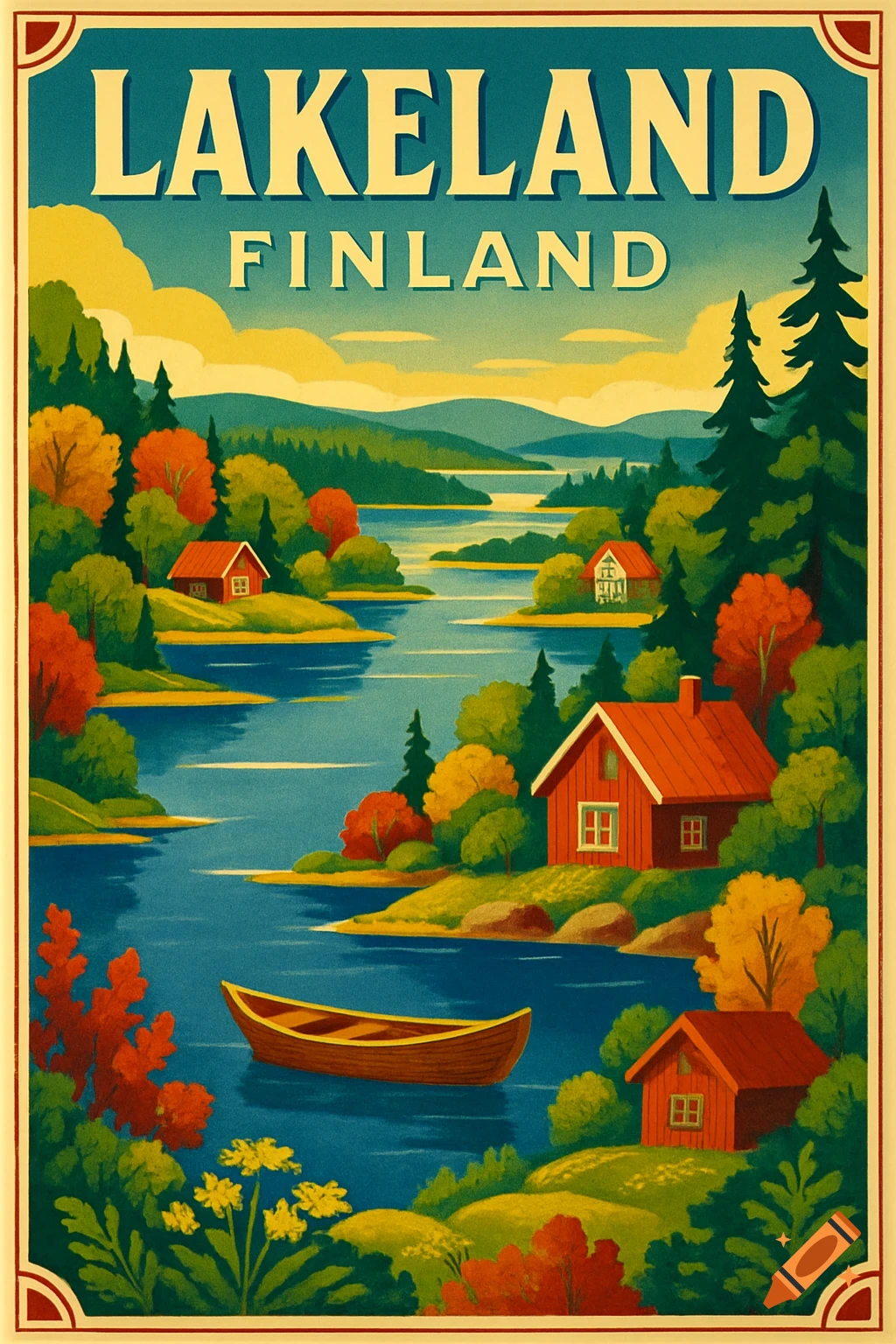 Vintage travel poster for Lakeland, Finland, with red cabins, a boat on blue lakes, and colorful autumn trees.