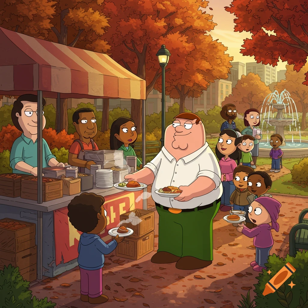 Peter Griffin hands out food to a line of people from a stall in an autumn park, in a cartoon style.