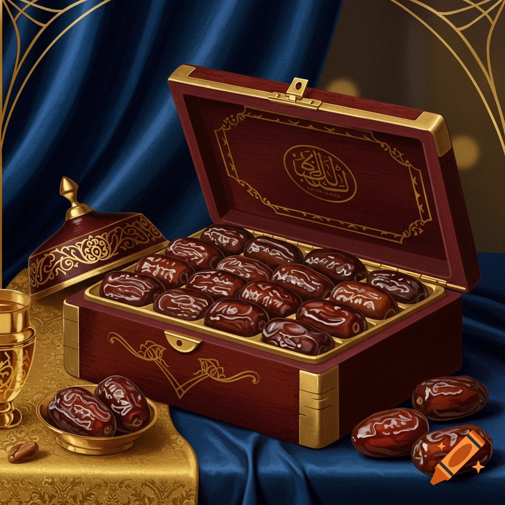 A luxurious open wooden box filled with rows of dates, set on rich blue and gold fabric, with more dates and a golden goblet nearby. Realistic style.
