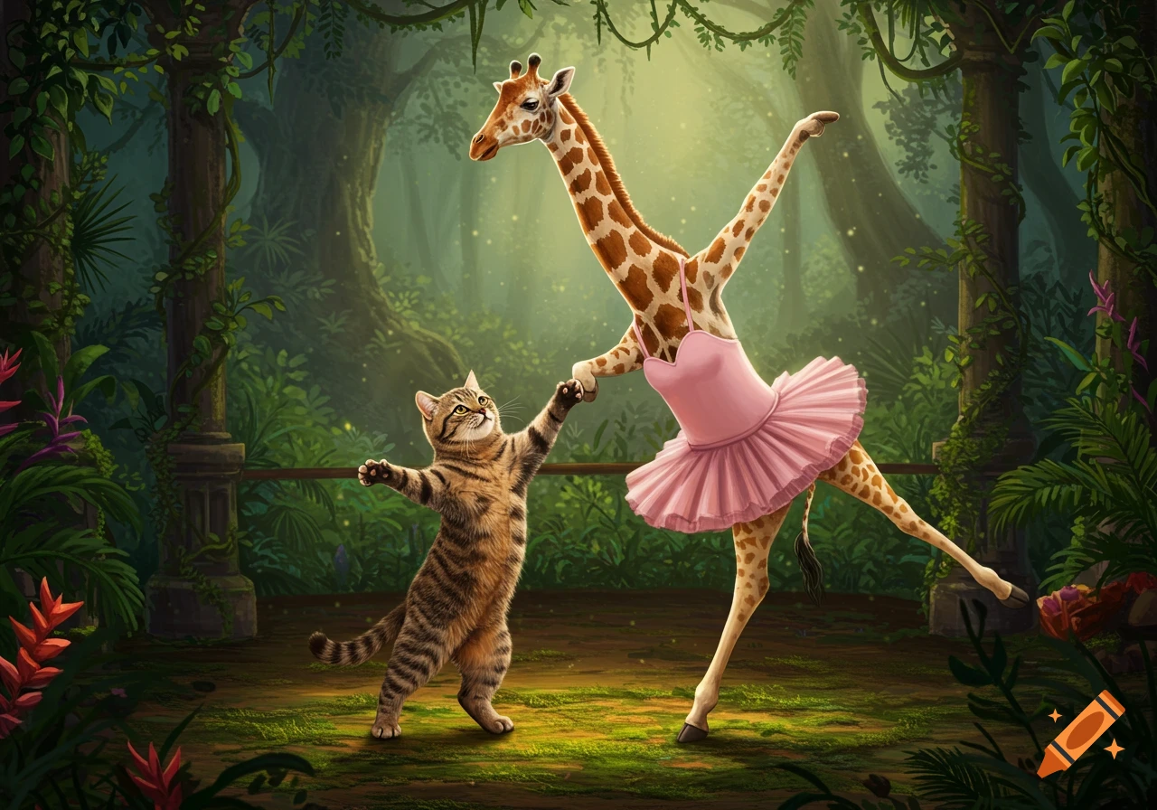A whimsical tabby cat and a giraffe in a pink tutu dance together in a lush, magical jungle.