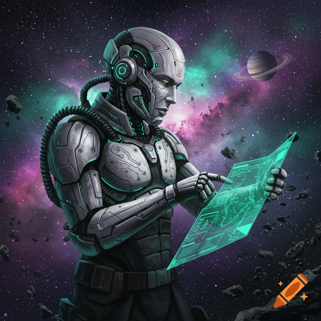 A detailed cyborg in a space suit interacts with a glowing green holographic screen against a starry nebula and a ringed planet.