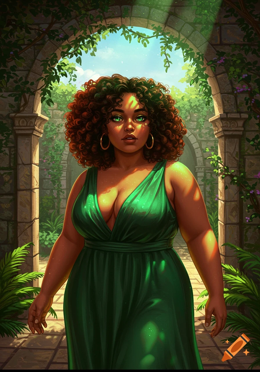 A digital illustration of a plus-size woman with curly dark hair and green eyes in a green dress, under a sunlit stone archway with greenery.