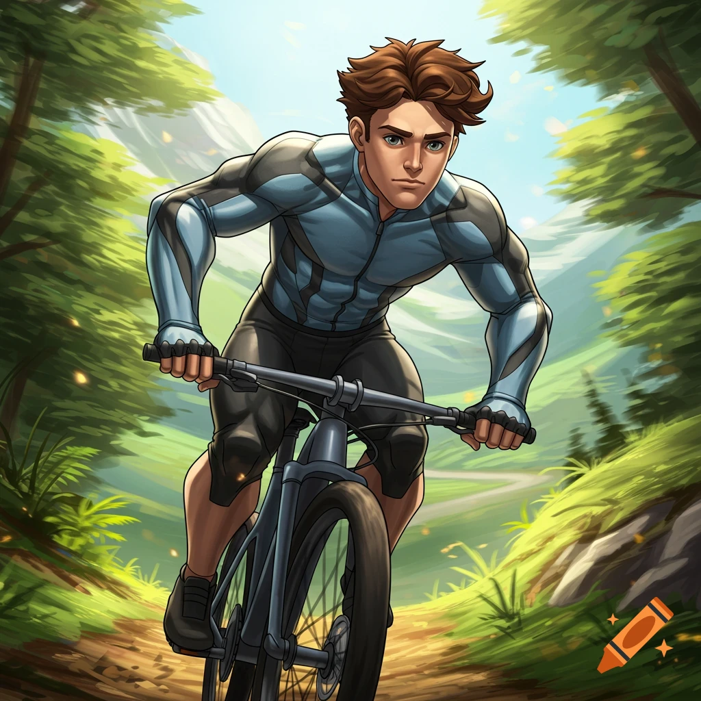Anime-style illustration of a determined young man in blue biking gear riding a mountain bike on a dirt trail through a lush green forest.