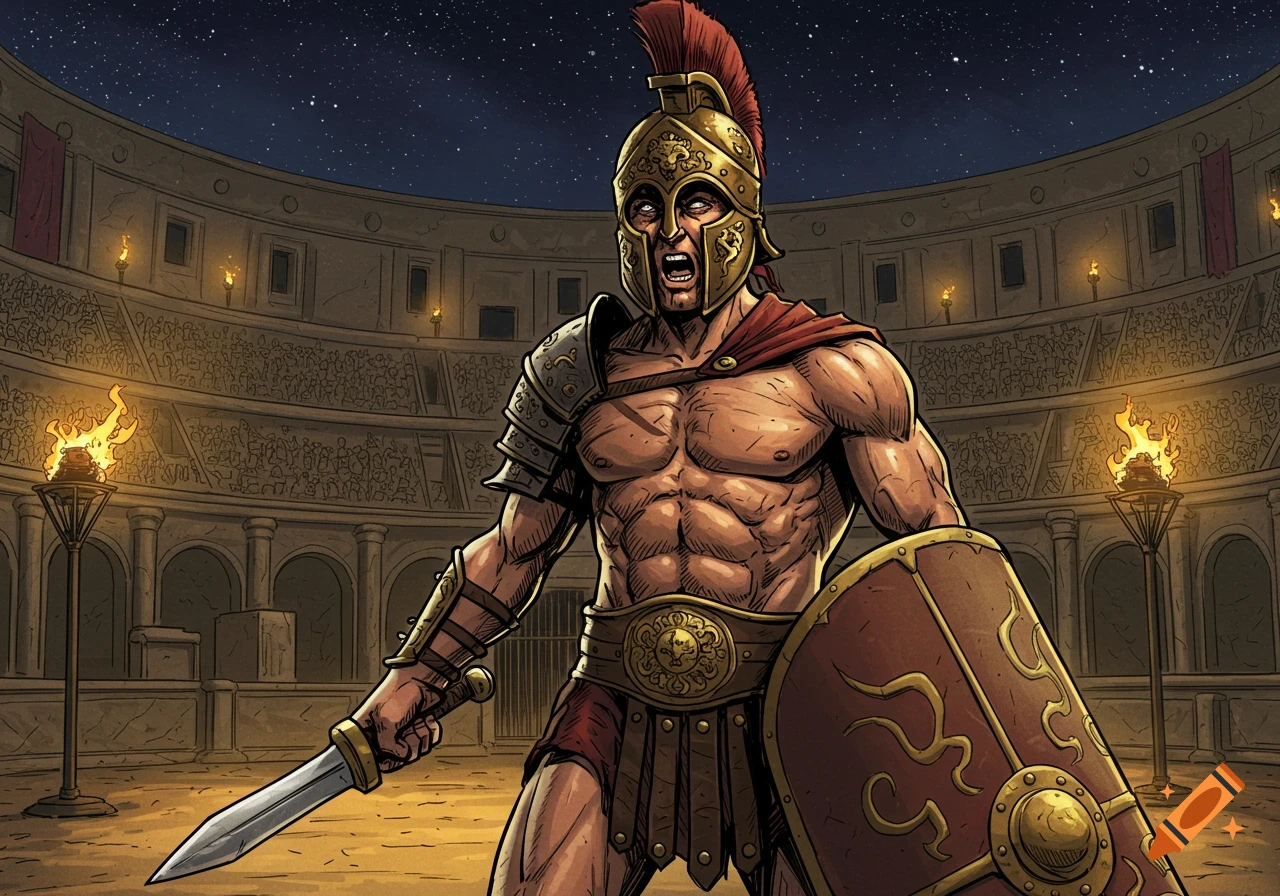 A muscular gladiator with a sword and shield yells victoriously in a torchlit coliseum at night, in a comic book art style.