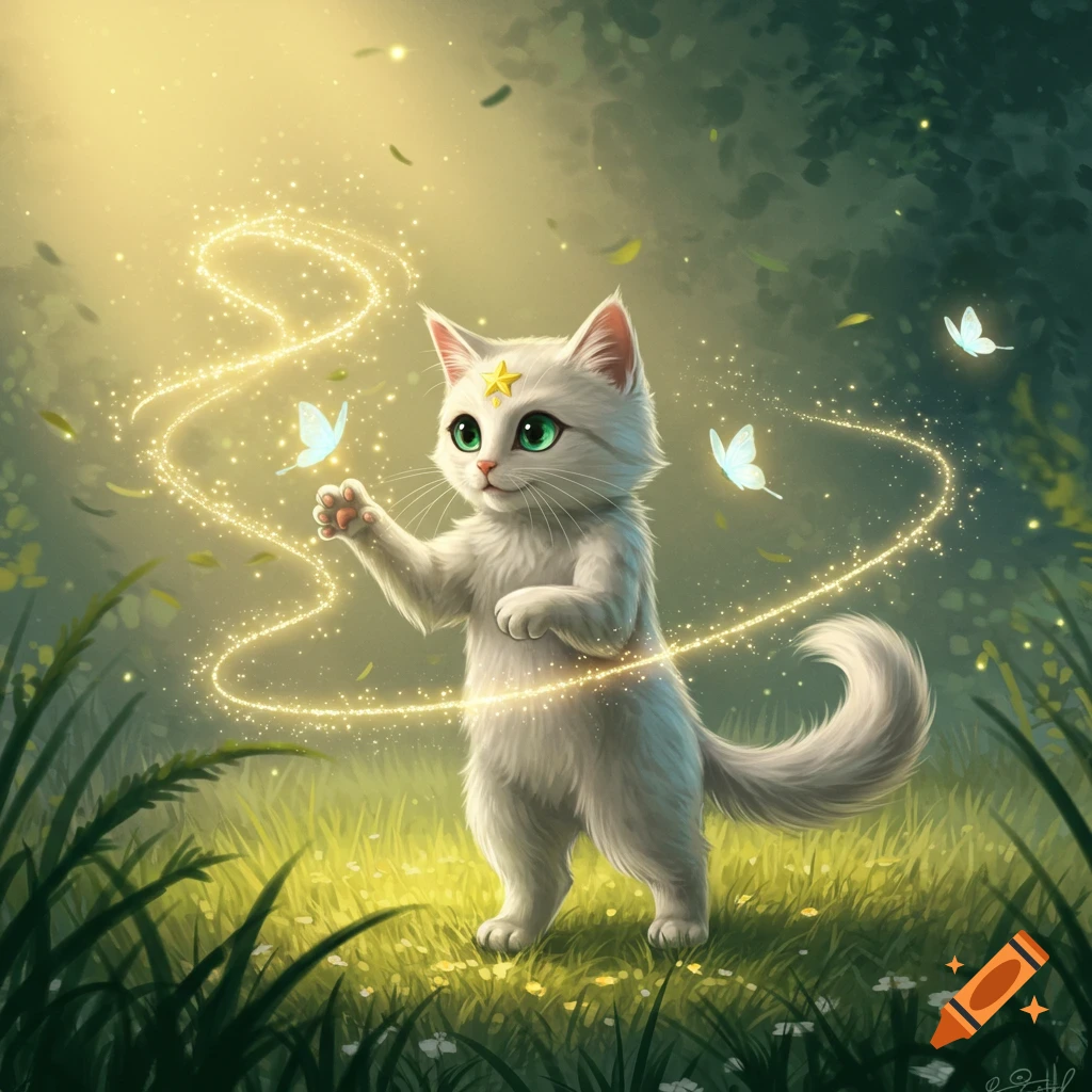 A whimsical white kitten with a star on its head casts glowing magic in a lush forest with butterflies.