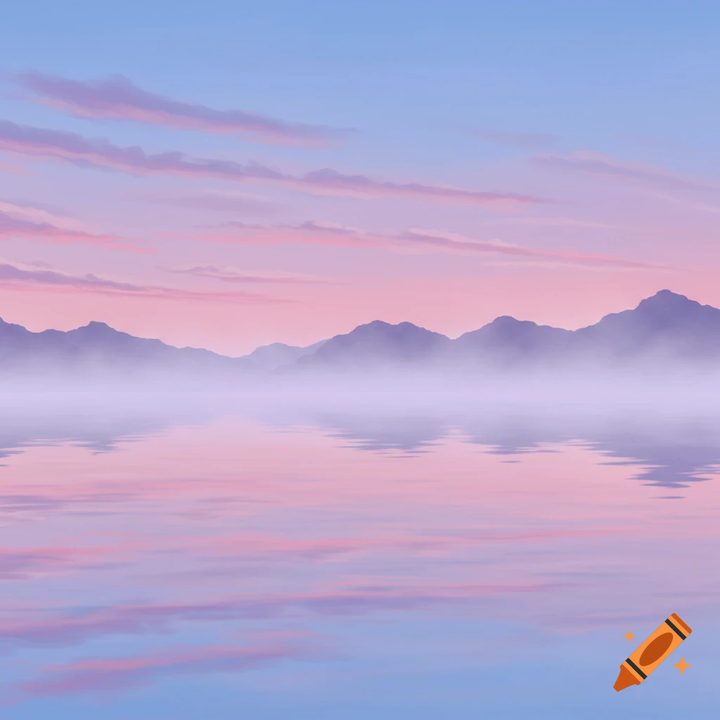 A pastel landscape with silhouetted purple mountains reflected in calm, misty pink water under a blue and pink sky.