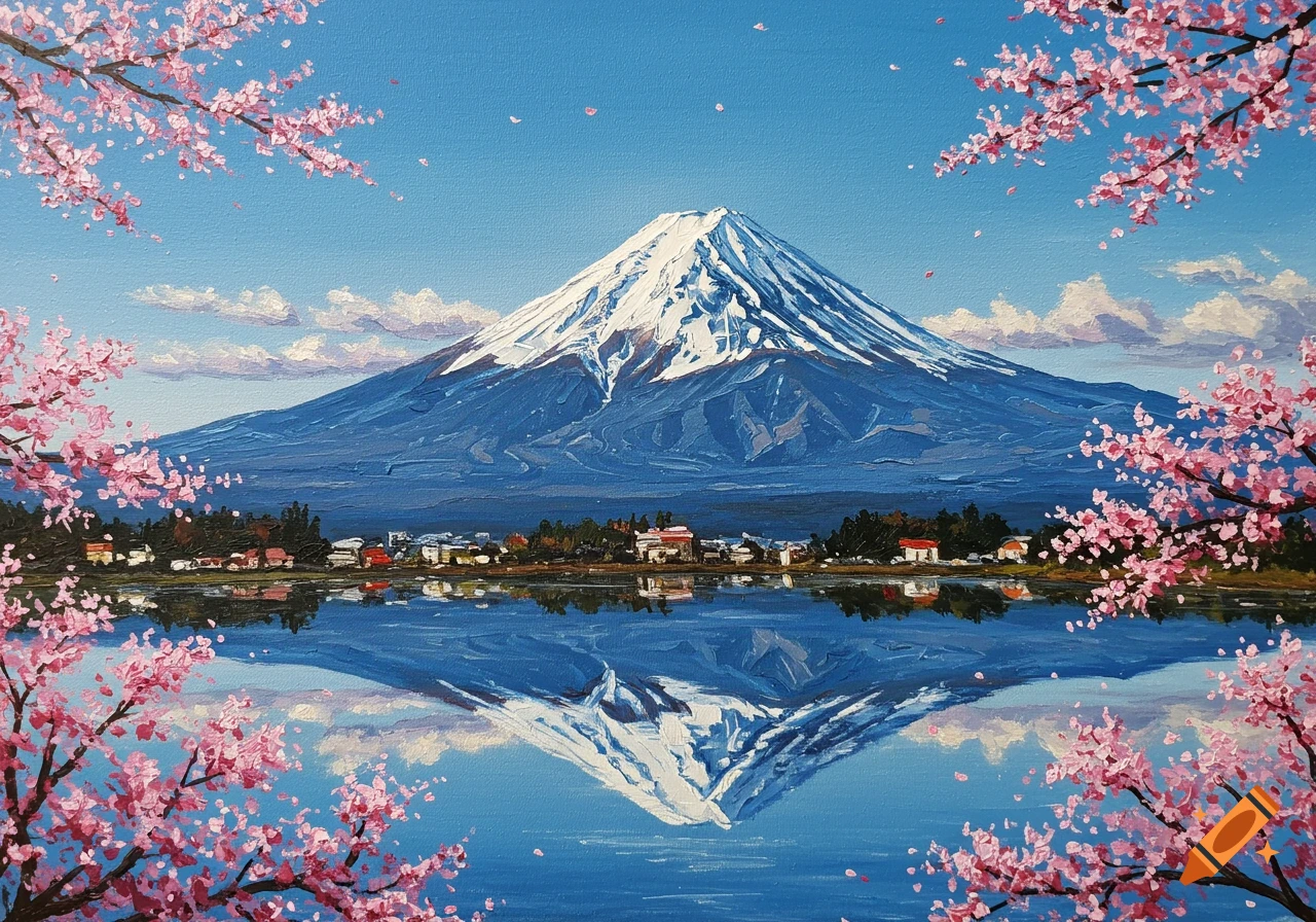 Oil painting of snow-capped Mt. Fuji reflected in a lake, framed by pink cherry blossoms.