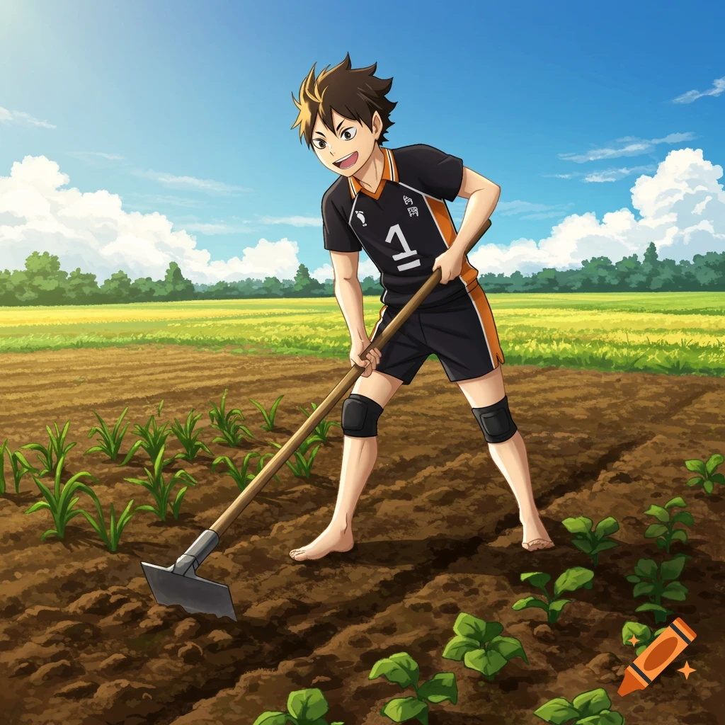 An anime character, a young man with brown and blonde hair, wearing a black and orange sports jersey, barefoot and kneeling, uses a hoe to tend to plants in a muddy farm field under a blue sky.