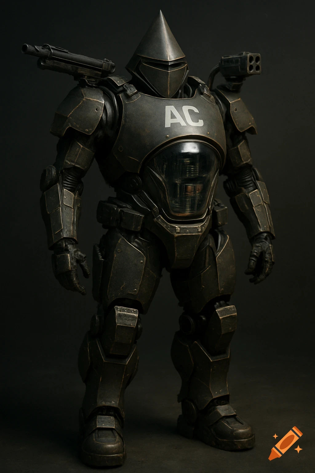 A photorealistic, battle-worn dark gunmetal human exoskeleton with a cone-shaped helmet and chest module displaying "AC", a shoulder-mounted shotgun, and a missile launcher, dramatically lit against a dark background.