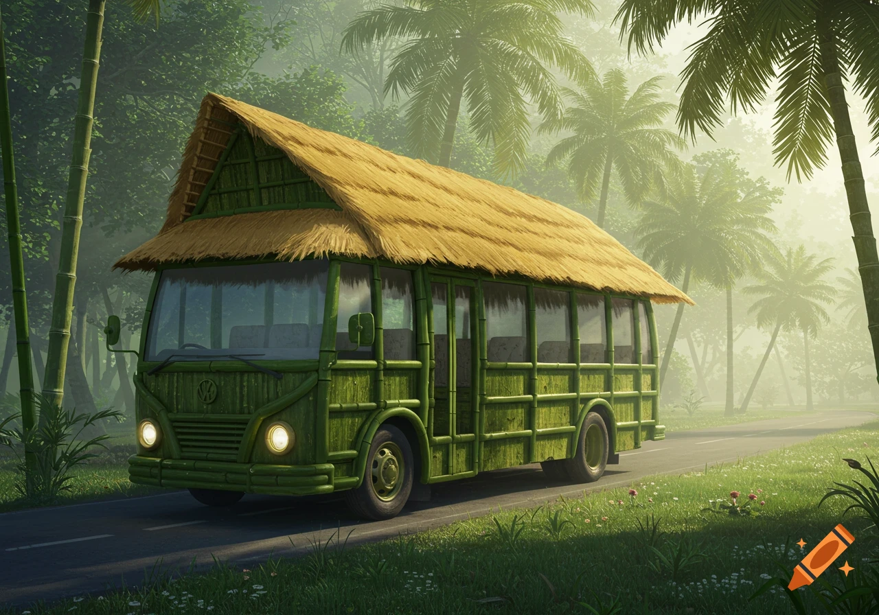 A whimsical green bus, crafted from bamboo with a thatched roof, drives along a road through a lush tropical forest with palm trees.