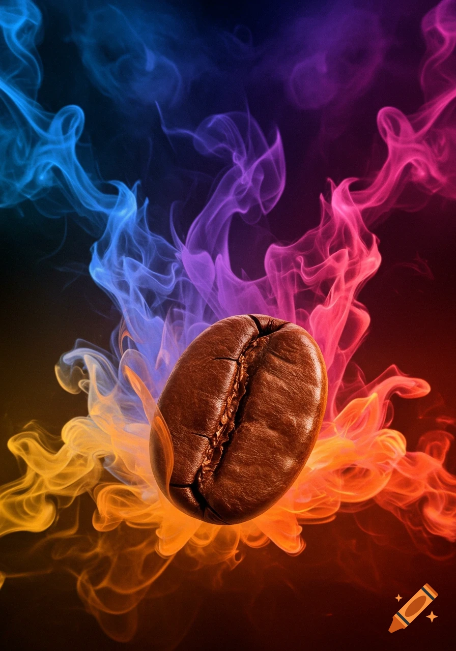 A detailed coffee bean floats amidst vibrant, swirling blue, purple, yellow, and red smoke on a dark background.