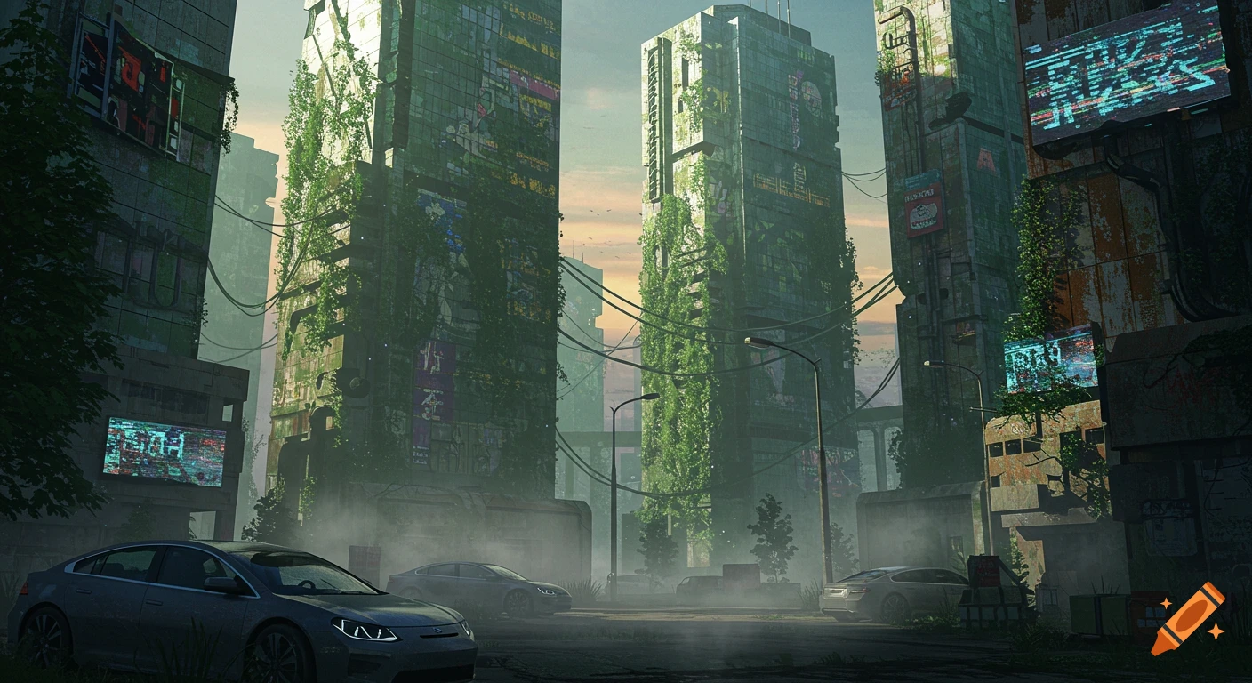 Abandoned, overgrown futuristic city with tall skyscrapers, digital signs, and parked cars, under a hazy sky.