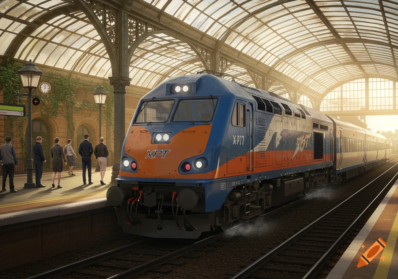 Photorealistic view of an XPT train at a sunny station platform with people waiting.